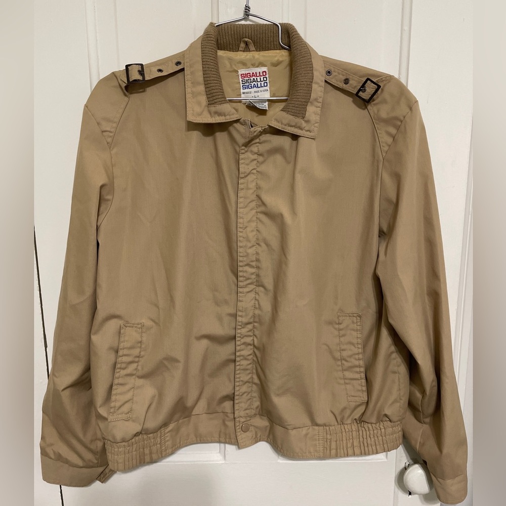 VINTAGE SIGALLO Retro Mens Zip Up Members Bomber Tan Light Coat-70's-80‘s Sz L
